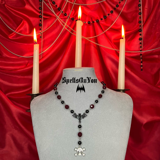 ⋆♱ ‘Ghoul Friend ’ Mini Rosary Necklace in Black and Red♱⋆